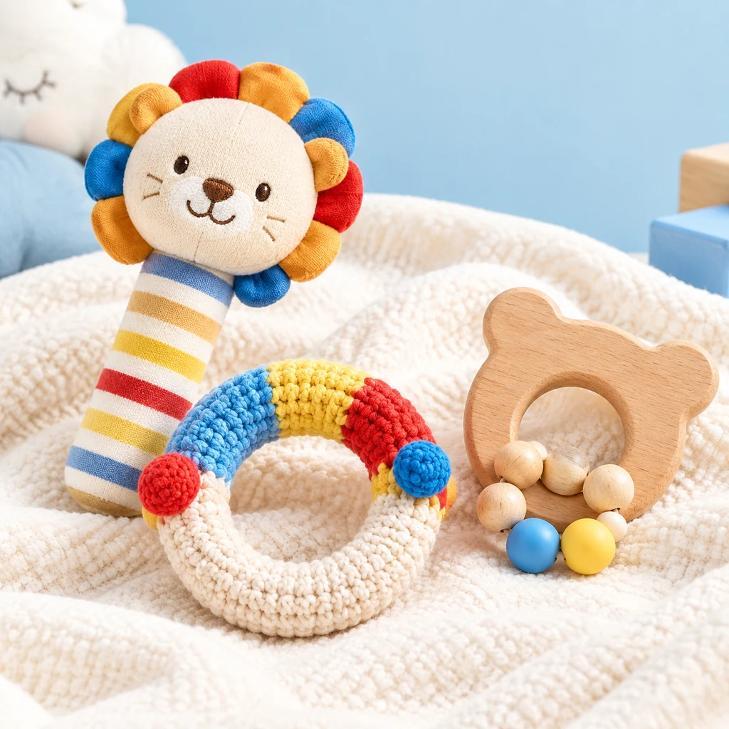 Soft fabric rattle, crocheted ring and wooden teething toy on a blanket