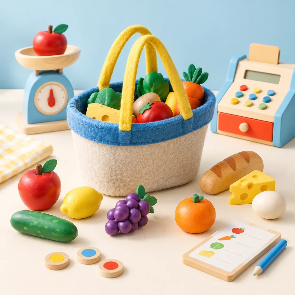 Wooden play food, felt shopping basket and role play props