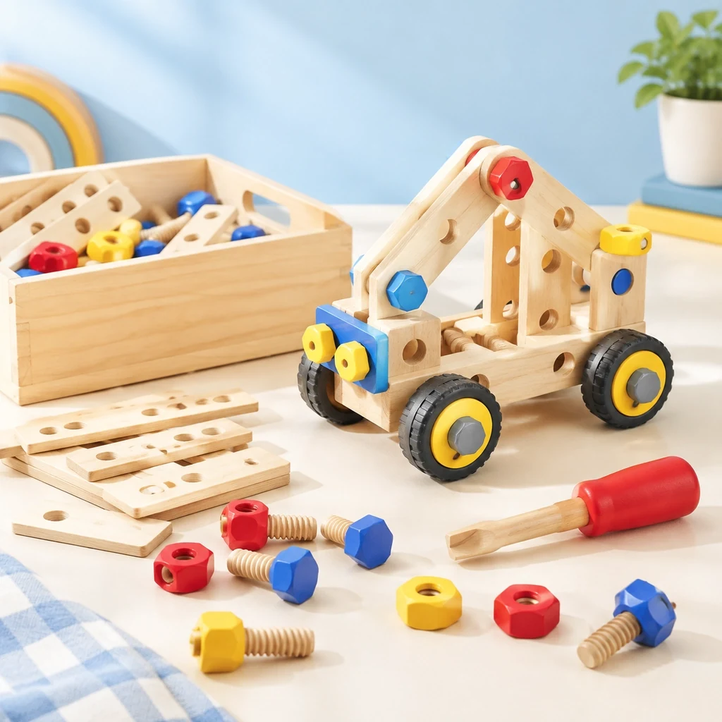 Construction kit with small wooden beams, bolts and a wooden screwdriver