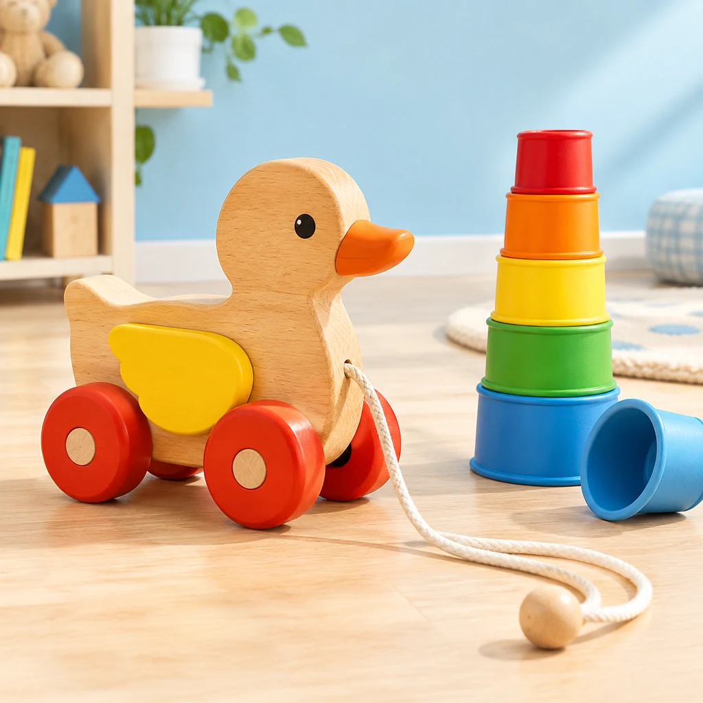 Wooden pull-along duck toy and stacking cups on a wooden floor
