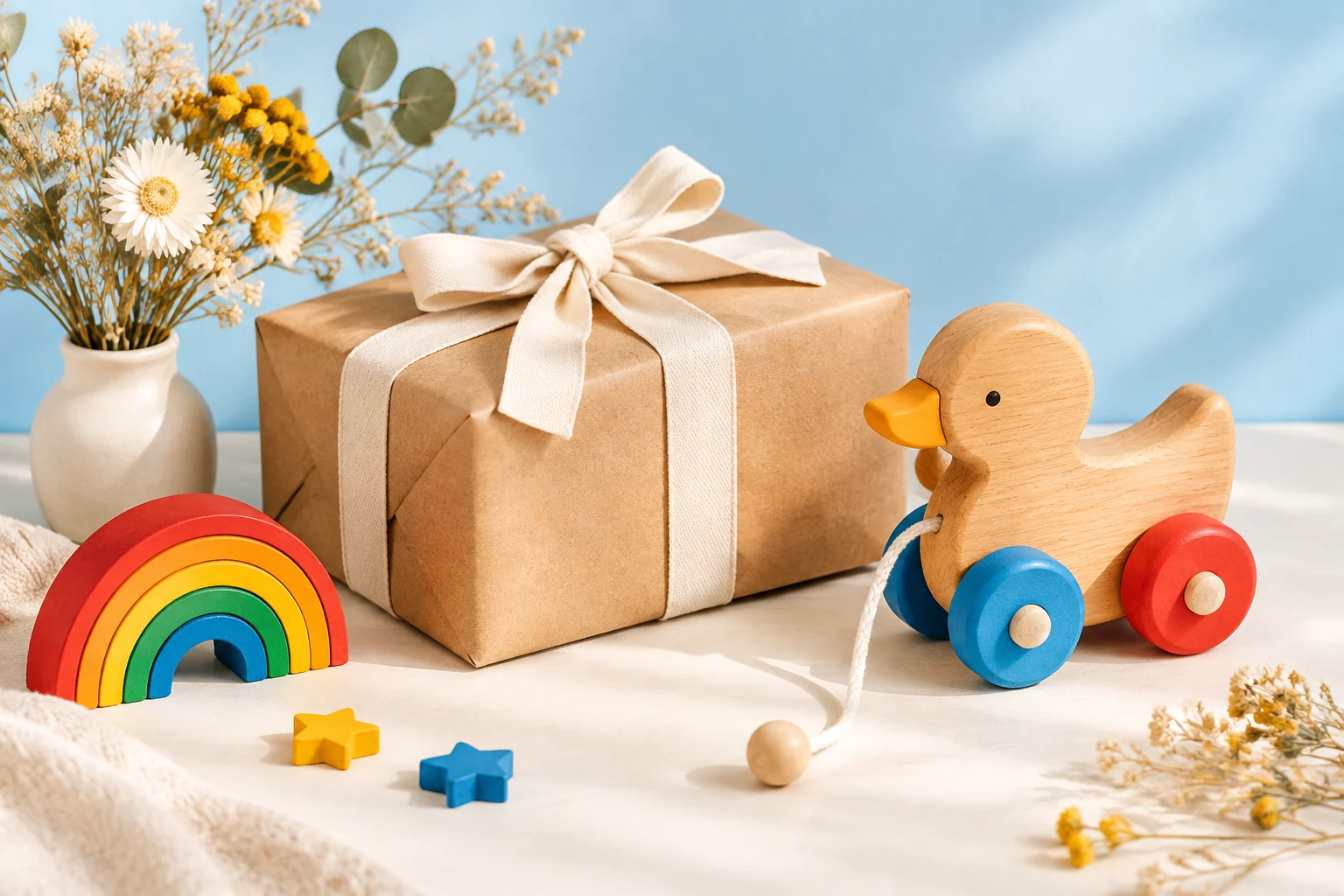 Gift wrapped parcel in kraft paper with a cotton ribbon beside a wooden toy