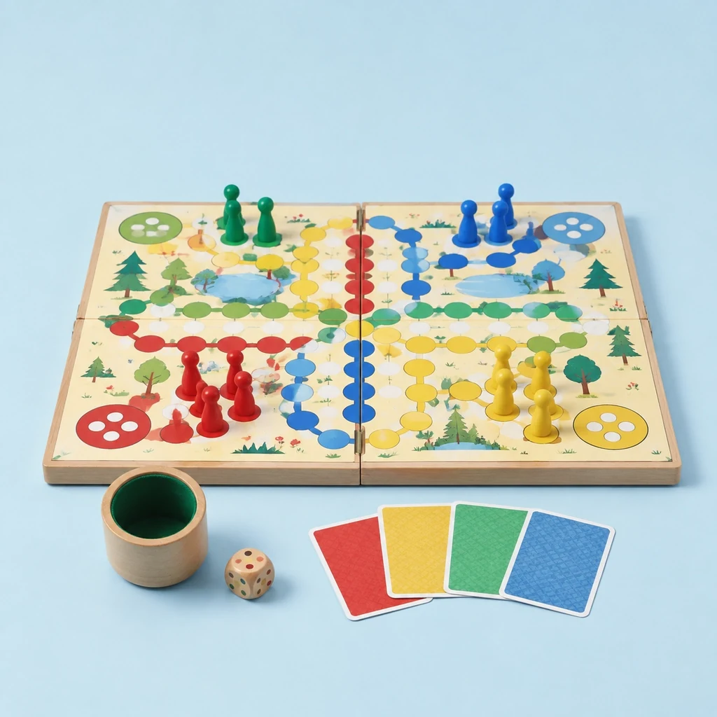 Family board game with folding board, wooden pawns, dice cup and cards