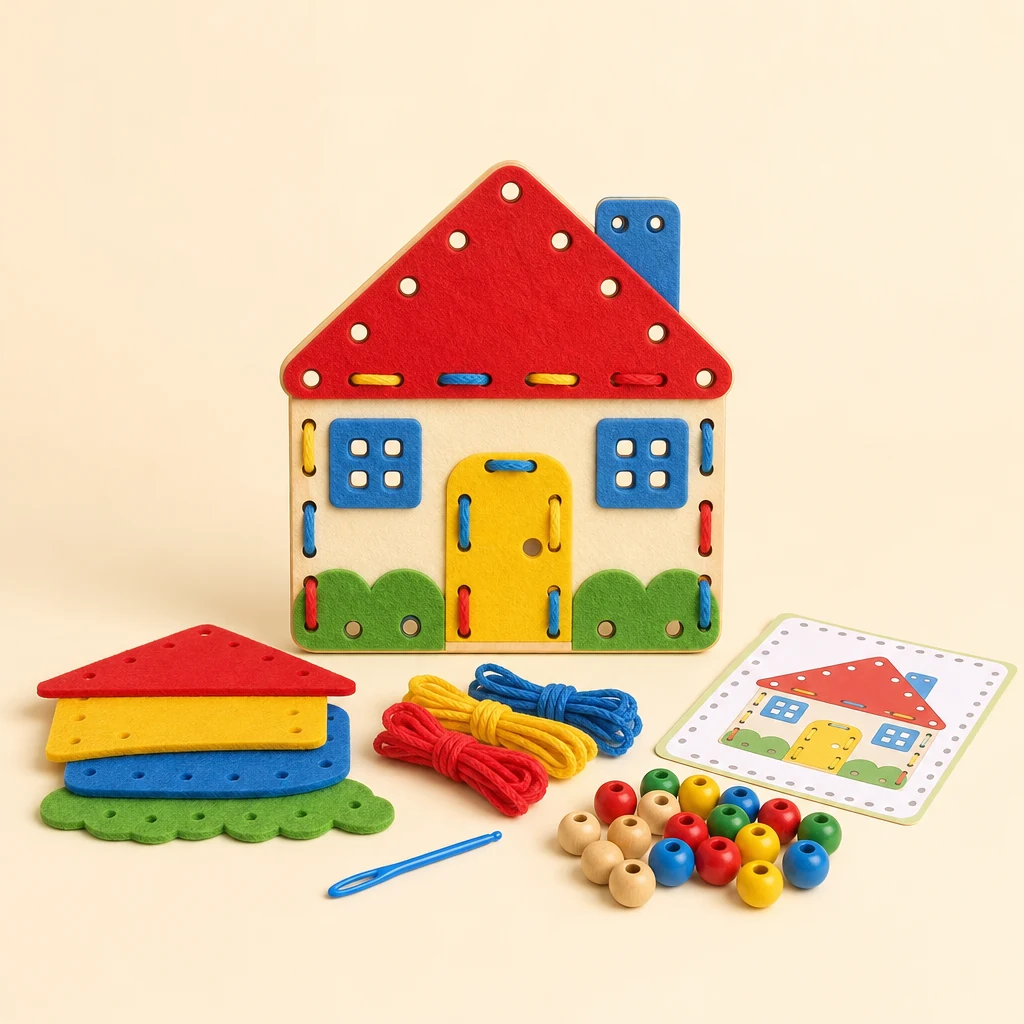 Children's craft kit with felt shapes, yarn, beads and paper card