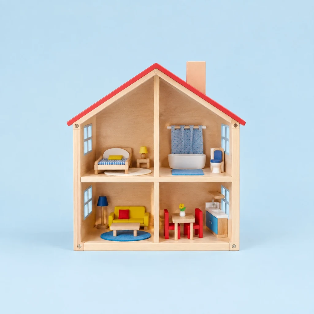 Small open wooden dolls house with fabric furniture inside