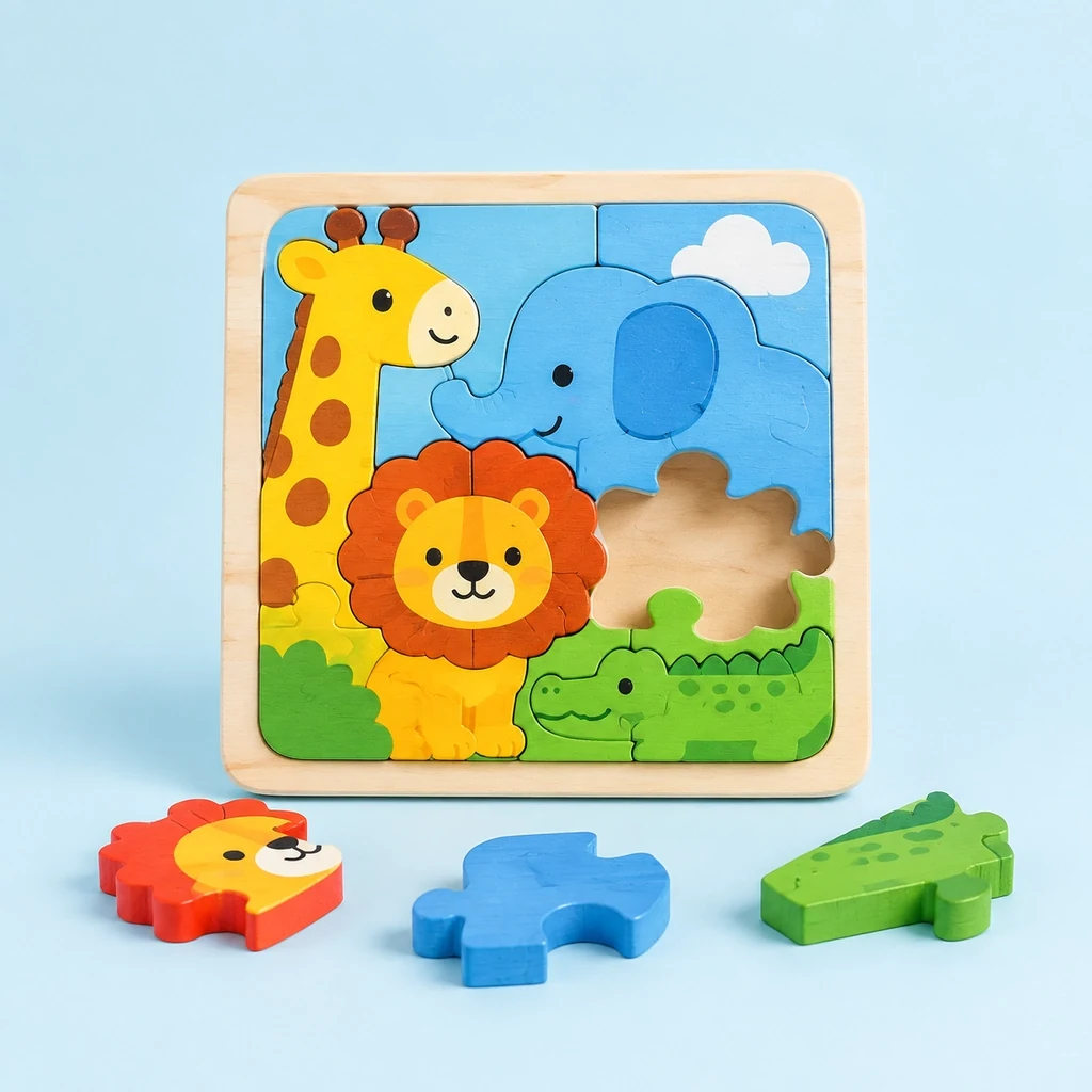 Colourful wooden jigsaw puzzle with chunky animal-shaped pieces