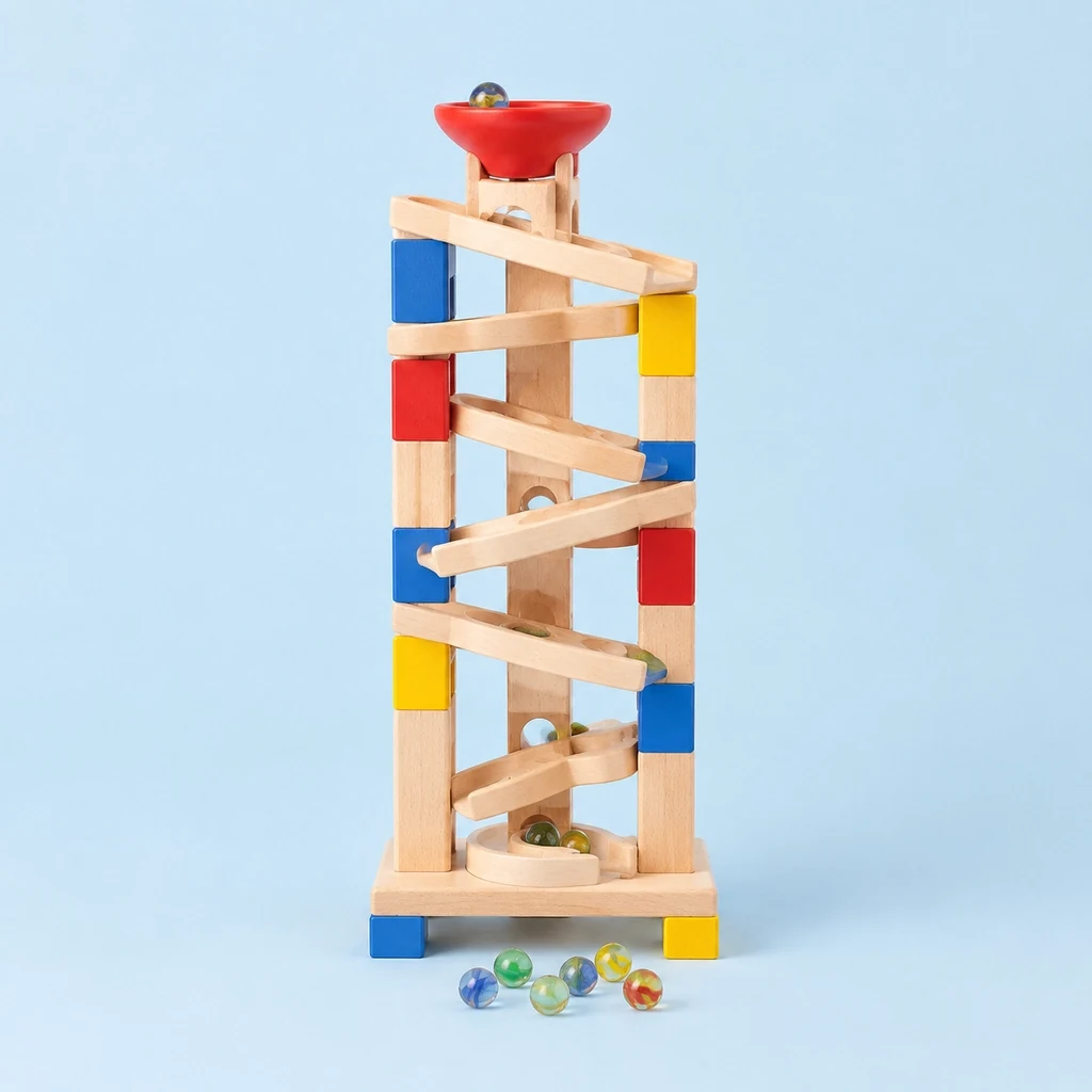Wooden marble run tower with ramps and glass marbles