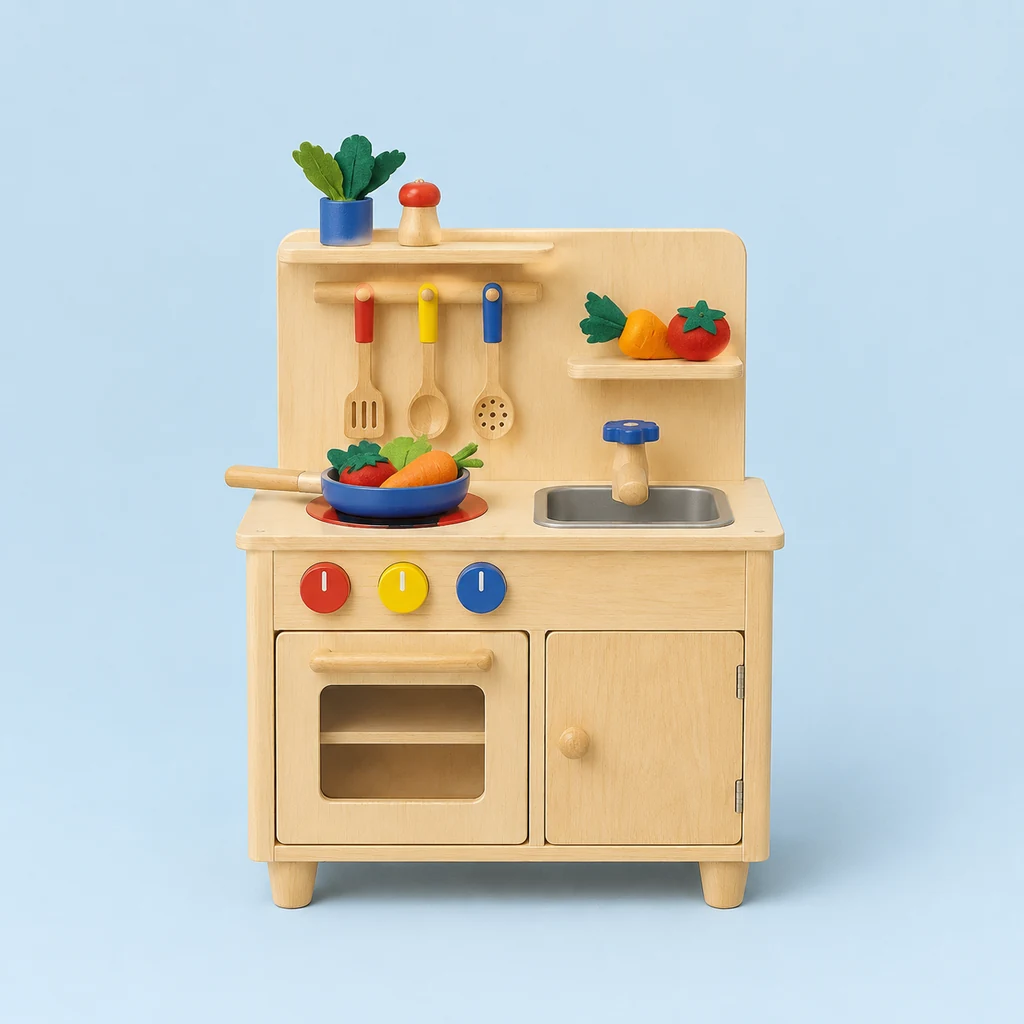 Wooden toy kitchen play set with felt vegetables and utensils