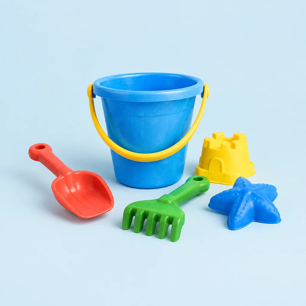 Outdoor sand and water play set with bucket, spade, rake and moulds