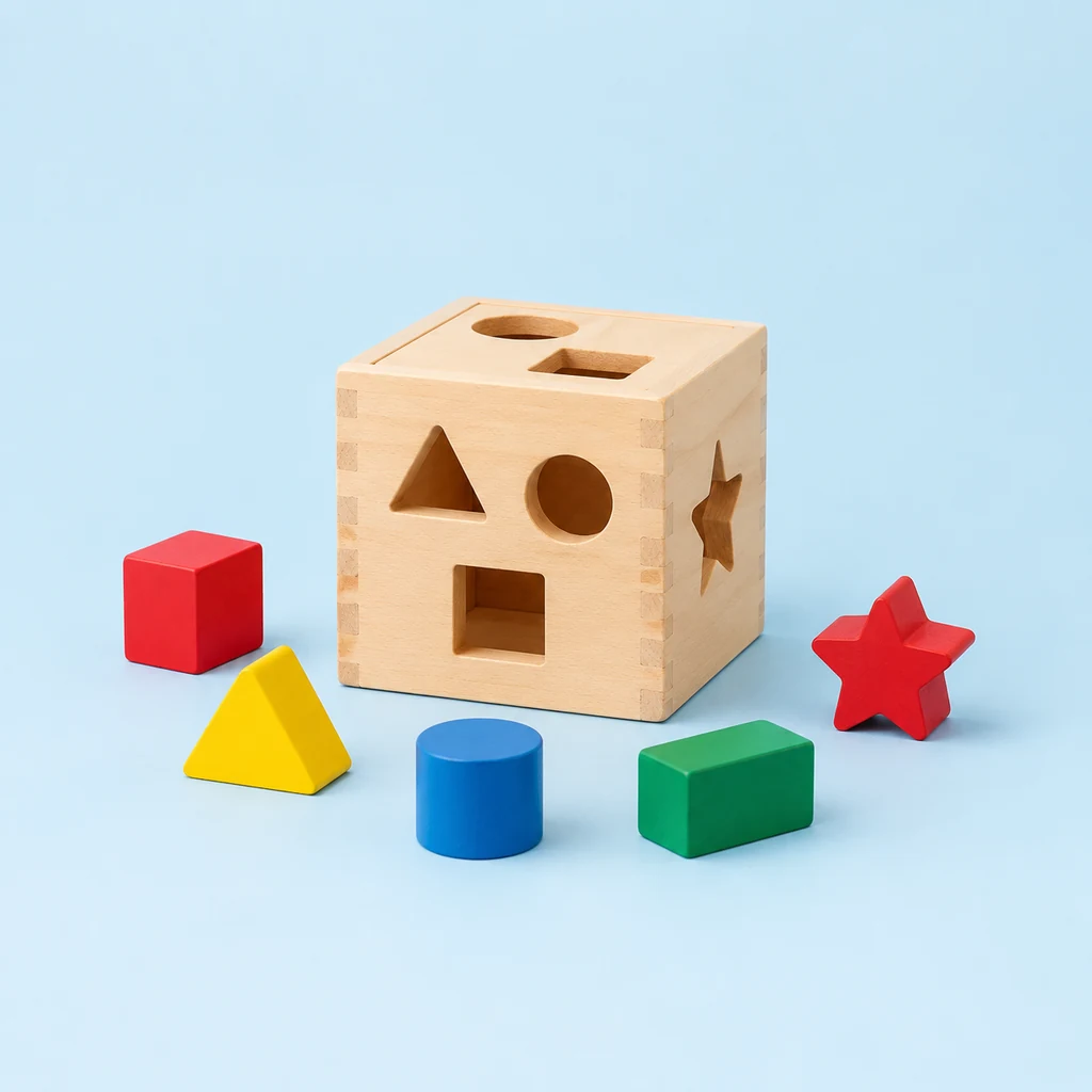 Wooden shape sorter cube with coloured geometric blocks