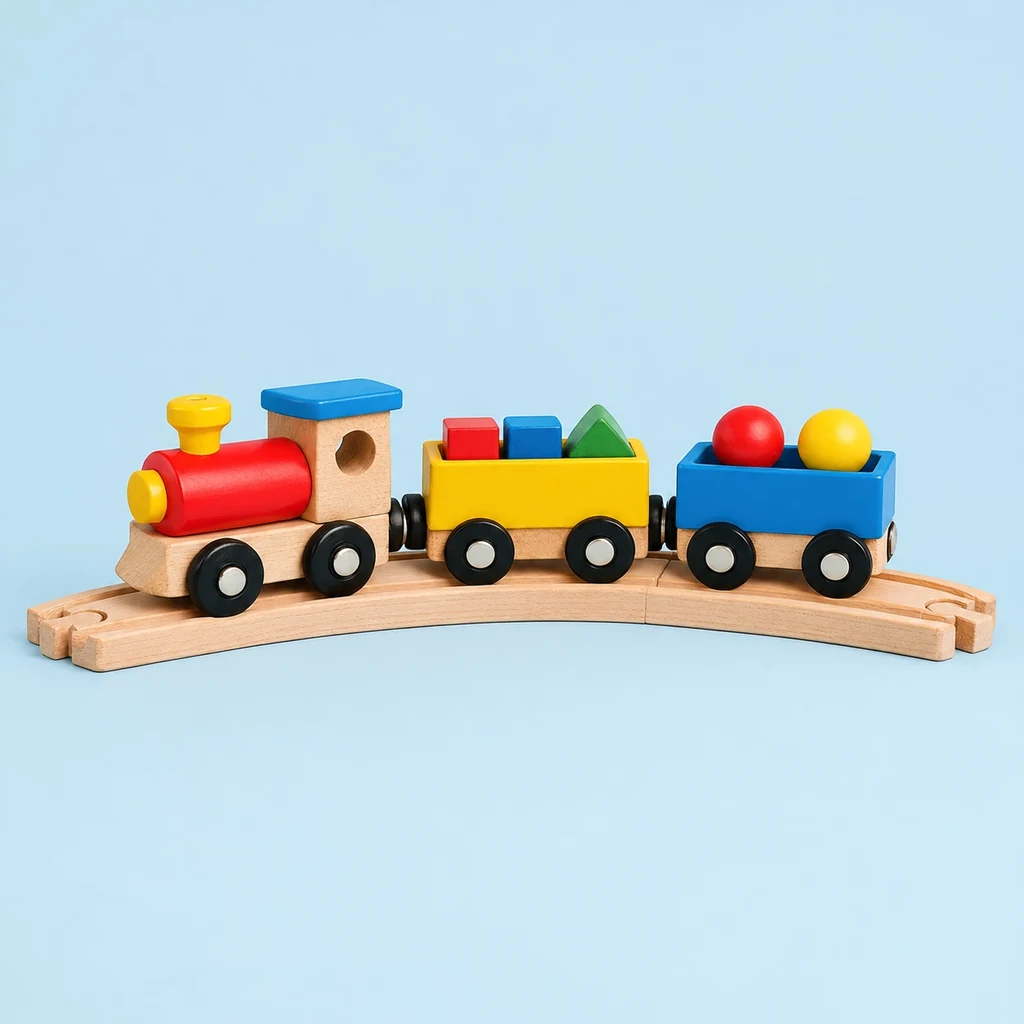 Wooden toy train with carriages on a curved wooden track