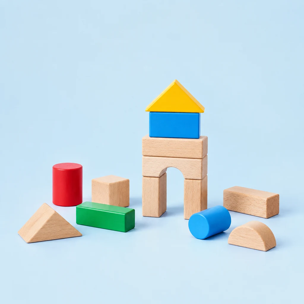 Set of natural beech wooden building blocks in geometric shapes