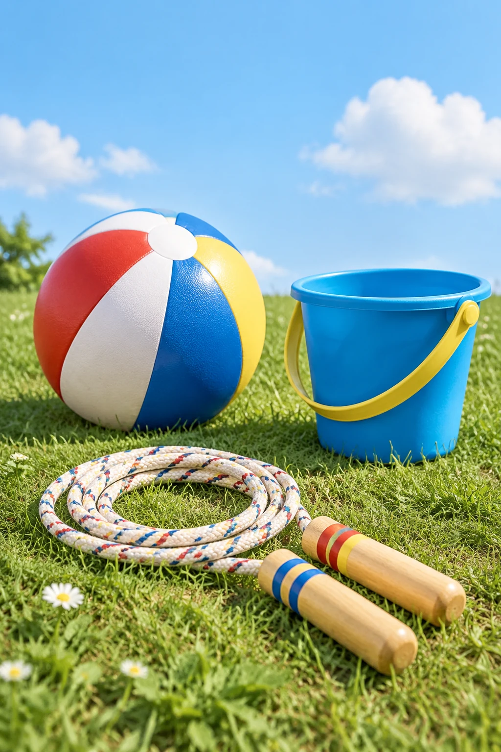 Outdoor play items on grass: skipping rope, ball and bucket