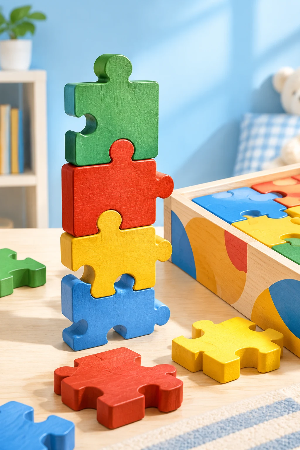 Chunky puzzle pieces and a board game box stacked on a table