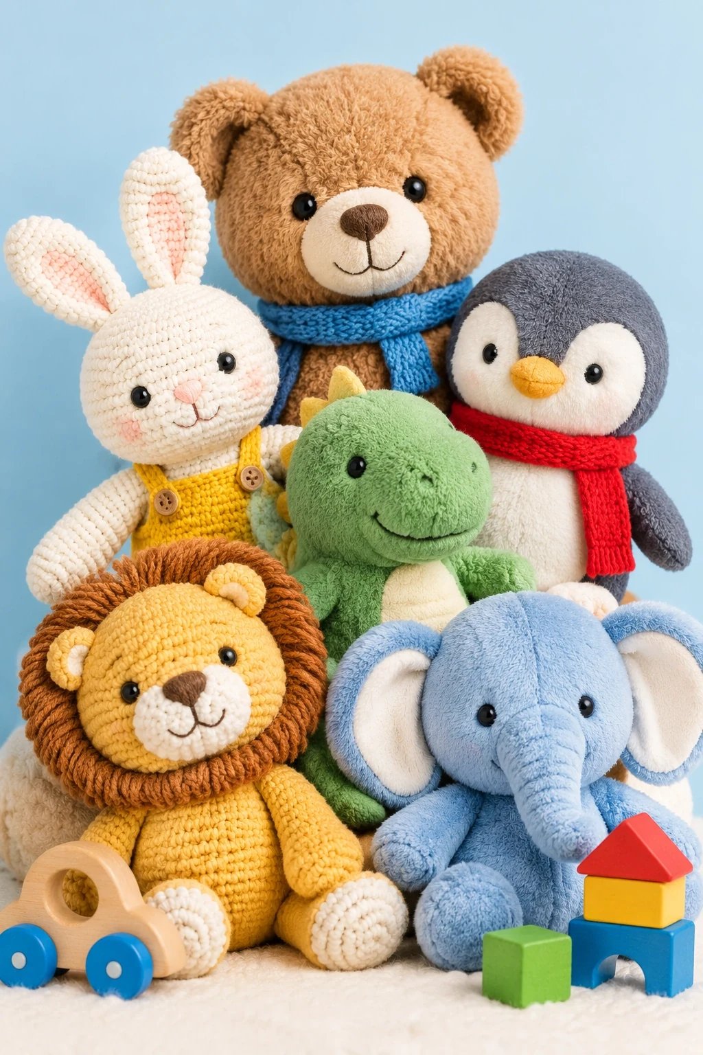 Knitted and cotton soft toys piled together