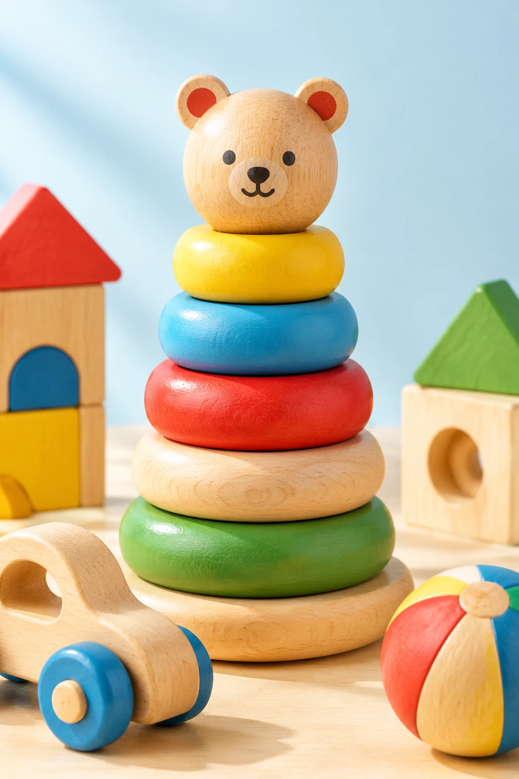 Stacked wooden toys with visible grain and rounded edges