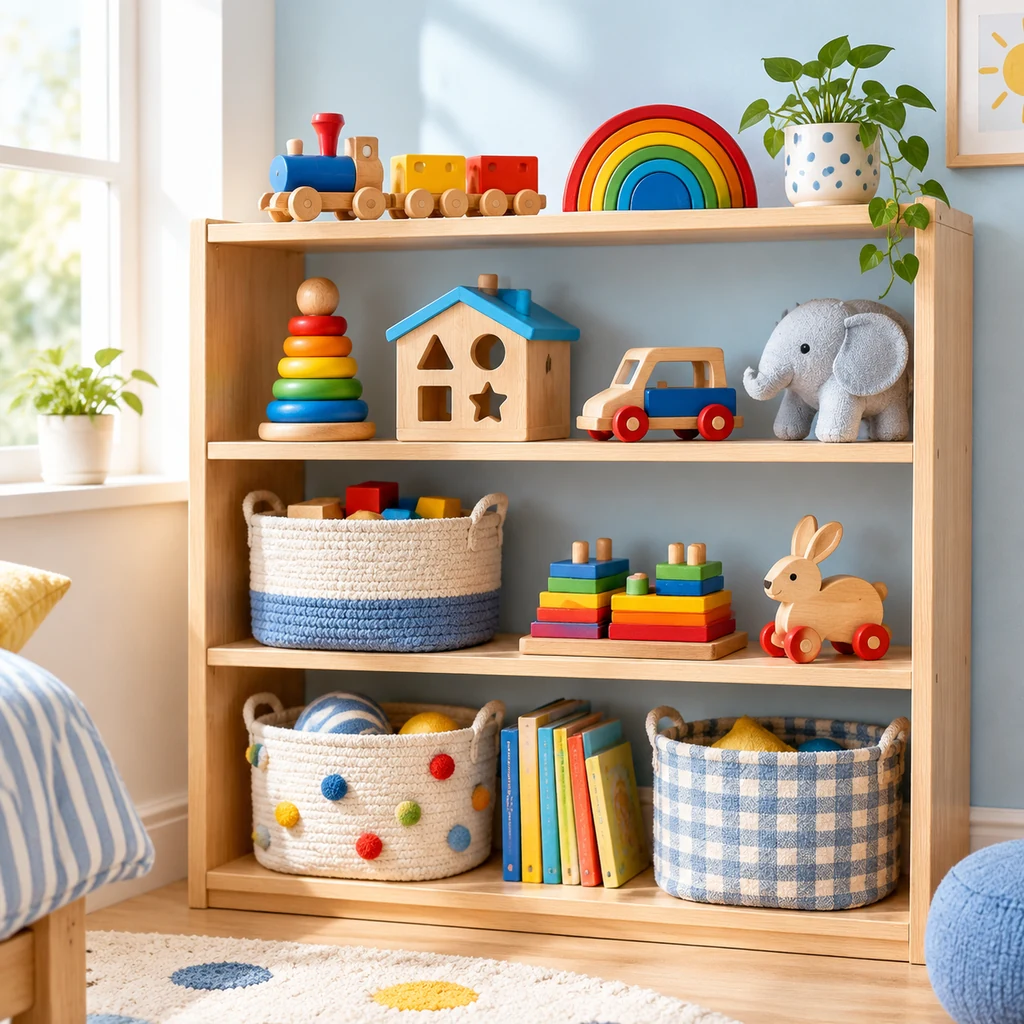 Shelf of wooden toys, fabric baskets and a stacked puzzle in a child's bedroom